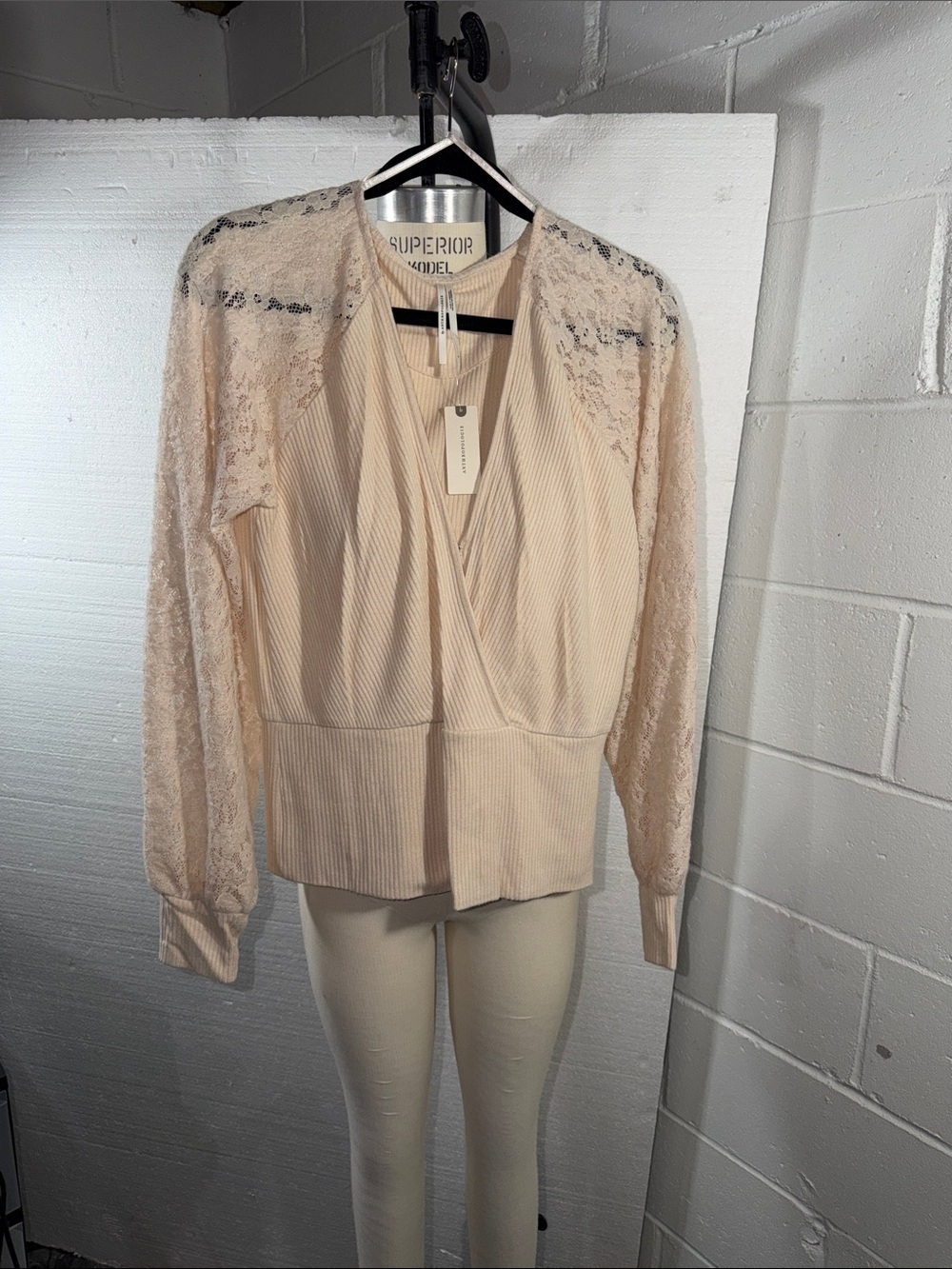 Anthropologie Cream Lace-Sleeve Wrap Blouse